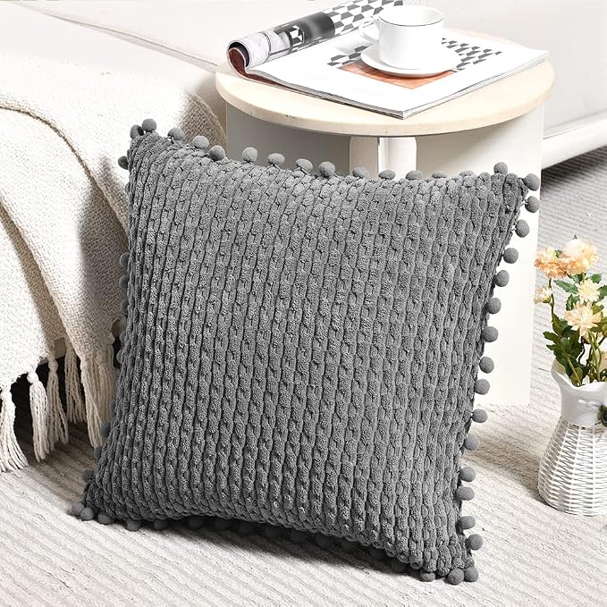 Fancy Homi Set of 2 Dark Gray Decorative Throw Pillow Covers 18x18 Inch with Pom-poms for Couch Bedroom Living Room, Modern Farmhouse Boho Home Decor, Soft Plush Corduroy Cute Cushion Case 45x45 cm
