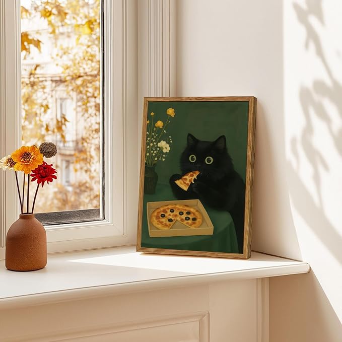 Funny Black Cat Wall Art Whimsical Black Cat Eating Pizza Wall Decor Cute Animal Dark Green Kitchen Poster Canvas Prints for Bedroom Living Dining Room 16x24 inch Wood Framed
