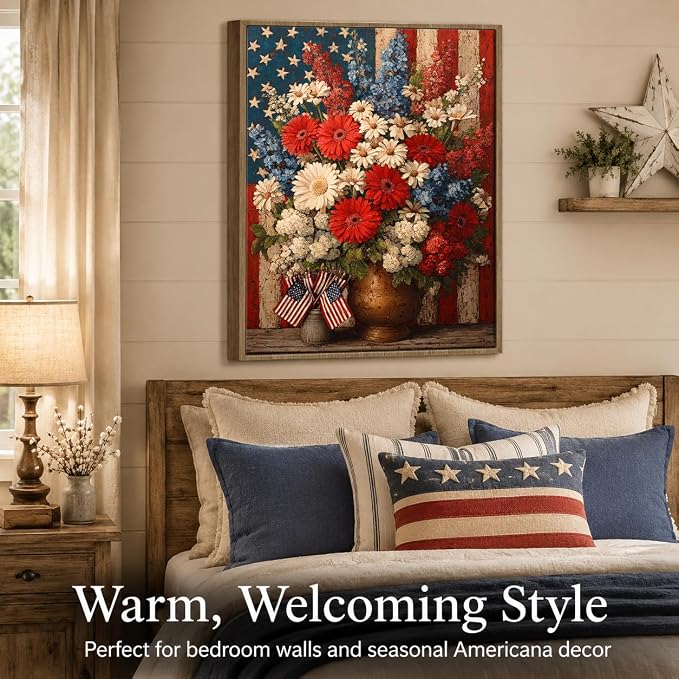 American Flag Framed Canvas Wall Art, 4th of July Patriotic Canvas Prints | Boy Holding USA Flag Poster Print, Modern Independence Day Wall Decor for Living Room Kids Room Dining Room Office 11×14in