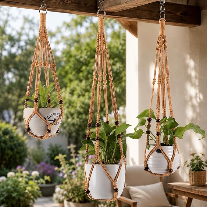 Macrame Plant Hangers with Beads for Indoor and Outdoor, 3 Pack