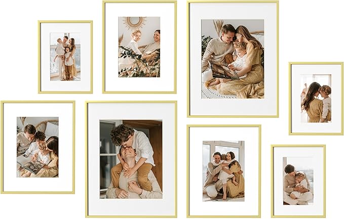 eletecpro Aluminum Gallery Wall Frame Set of 8 with Glass Cover, Gold | Including 2Pcs 11x14, 3Pcs 8x10, 3Pcs 6x8 Photo Frames, Multiple Sizes Picture Frames Collage Wall Decor or Tabletop Display