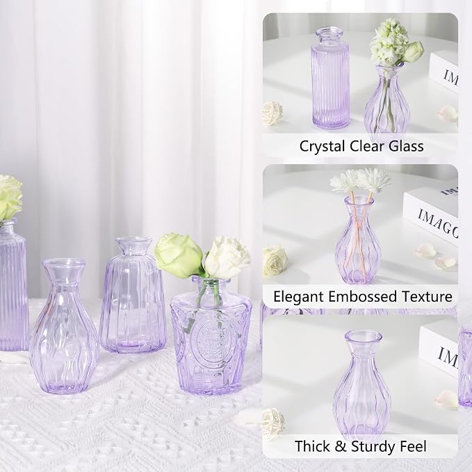 RUCKAE Glass Bud Vases Mini Flower Vase Small Vintage Vases for Centerpiece Table Wedding Decorations Home Decor Party(Purple 32pack)