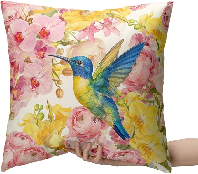 Spring Pillow Covers 24x24 Set of 2 Hummingbird Throw Pillow Covers Pink Yellow Moth Orchid Buttercup Floral Pillow Case for Home Decor Couch Sofa