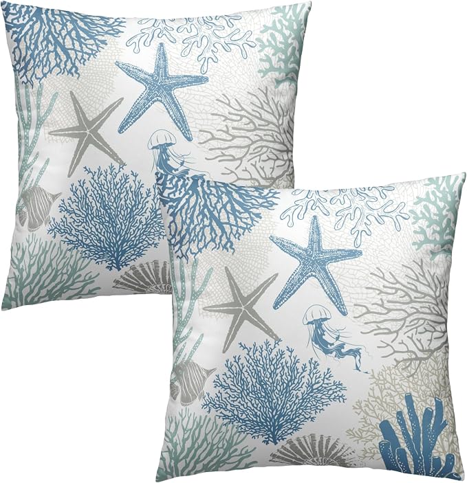 Coastal Nautical Throw Pillow Cover 18x18 inch Set of 2 Beach Themed Sea Coral Nautical Blue Pillowcases Ocean Summer Cotton Cushion Covers for Bed Sofa Room Decor