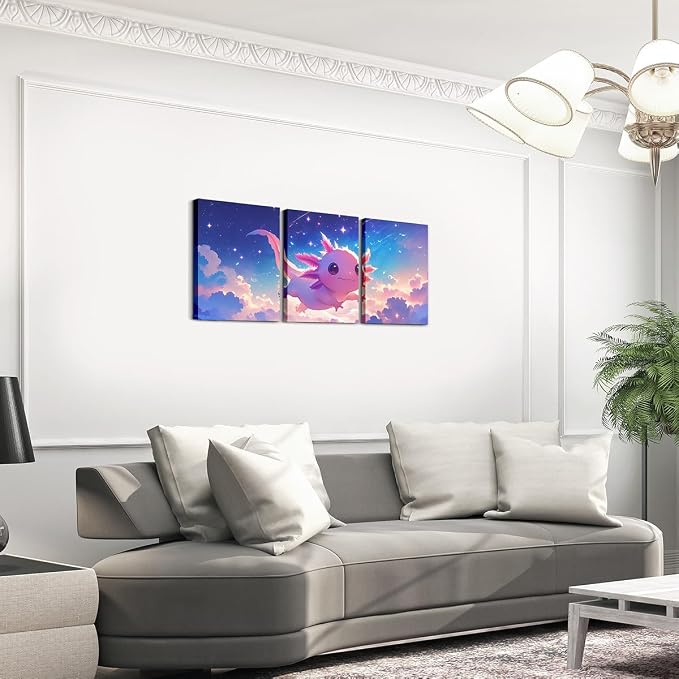 Feelyou Kids Cute Axolotl Picture Wall Decor Cartoon Salamander Canvas Wall Art for Living Room Bedroom Galaxy Wall Painting Posters and Prints Boys Girls Sealife Bathroom Wall Art 12"x16"x 3Pcs