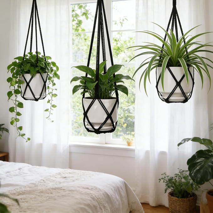 YIBOT Black Macrame Plant Hanger Indoor Hanging Planter Basket