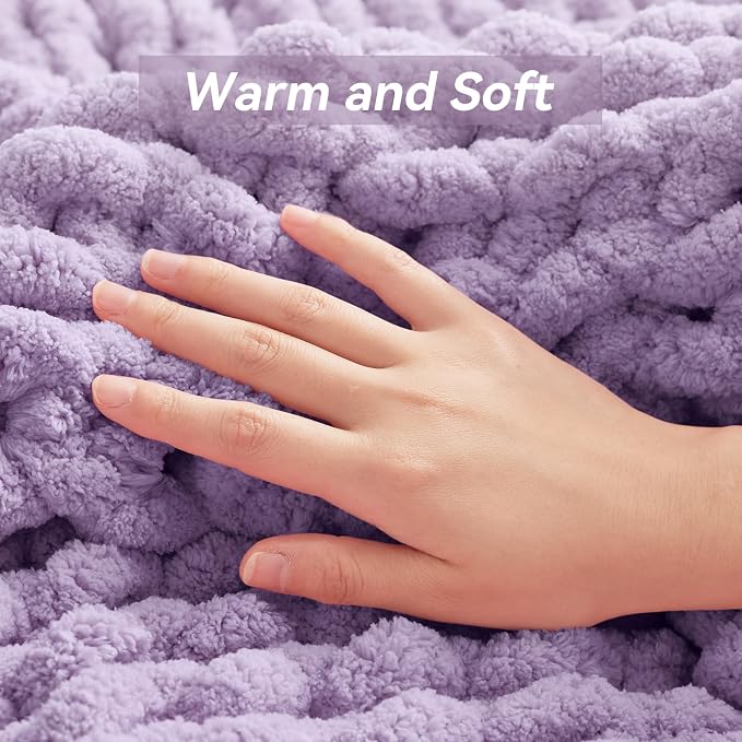 Negwoo Chunky Knit Throw Blanket, Knitted Throw Chenille Yarn, 60"*80" | Soft Thick Cable Knitted Blankets, Handmade Big Thick Blanket,Machine Washable Cute Comfy Blanket for Home Decor,Light purple