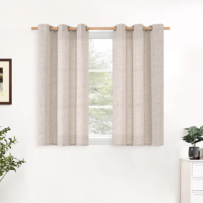 YoungsTex Short Linen Curtains 34x48 Inch Long for Kitchen Window 2 Panels | Light Filtering Semi Sheer Drapes with Bronze Grommet Textured Privacy for Bathroom Windows