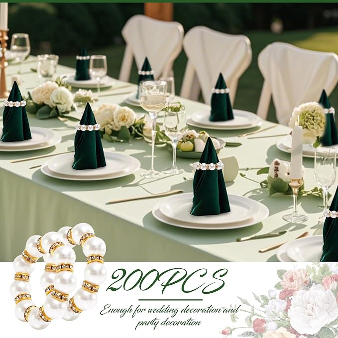 200 Pcs Pearl Napkin Rings, Exquisite Gold Napkin Rings Bulk, Suitable for Table Decorations for Weddings, Family Parties, Engagements, Christmas, and Other Occasions