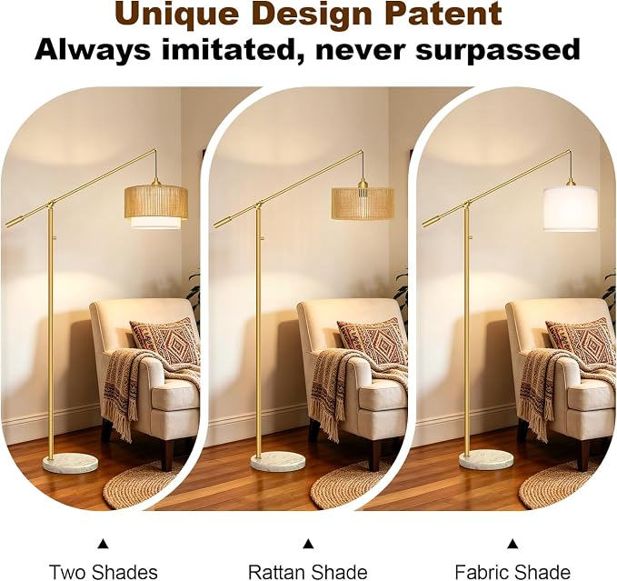 【Upgraded】Boho Dimmable Floor Lamp with Adjustable Swing Arm, 1100 Lumens Bulb Included, Modern Standing Lamp with Rattan & Fabric Shades, Tall Arc Floor Lamp for Living Room Bedroom, Gold, Heavy Base