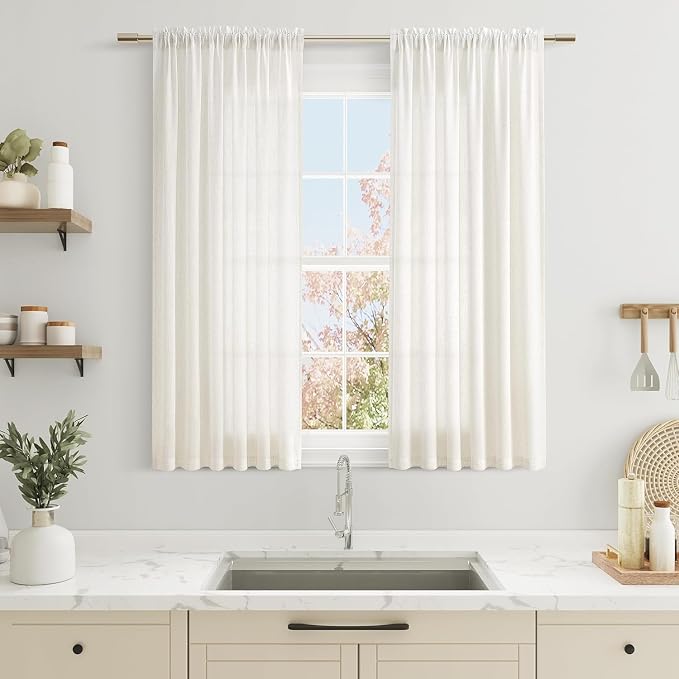 Linen Short Curtains 45 Inches Long for Living Room Natural Cream Semi Sheer Curtain Rod Pocket 2 Panels Set Boho Farmhouse Light Filtering Window Drapes for Bedroom Beige Ivory 38x45
