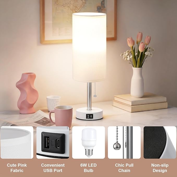 White Bedside Table Lamp for Bedroom - Small Nightstand Lamp for Girls