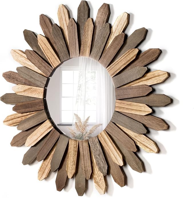 Boho Wall Decor 21 inch Wall Mirror Rustic Wood Decorative Mirror for Room Decor Rustic Home Decor Farmhouse Wall Decor at Living Room Bedroom Bathroom Hallway Trilcolor