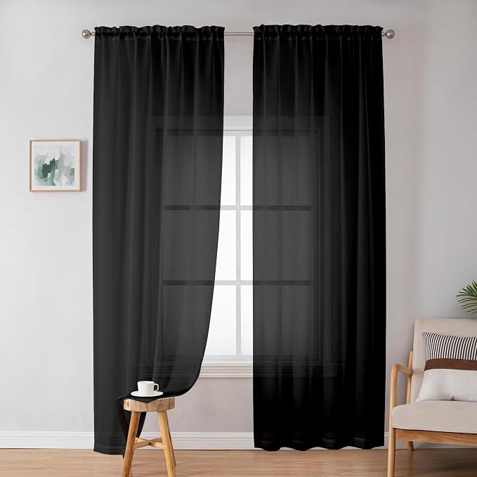 Simplebrand Black Sheer Curtains 72 Inches Long 2 Panels for Living Room, Rod Pockets Airy Window Treatments Voile Sheer Black Curtains Panels Lightweight for Front Back Patio Glass Door, 42" Width