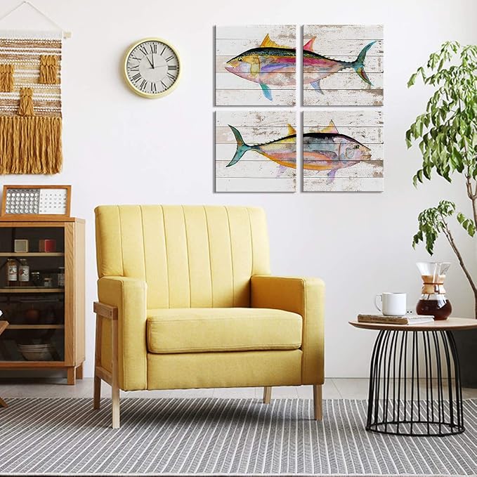 Tuna Fish Wall Decor Ocean Canvas Art Beach Bathroom Coastal Decor Rustic Fish Pictures Kitchen Nautical Sea Animal Painting Marine Life Artwork for Bedroom Dinner Room Modern Home Decorations 16x16"