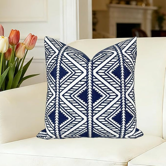 Slow Cow Embroidery Decorative Throw Pillow Cover Geometric Design Cushion Cover 18x18 Inches Navy Blue