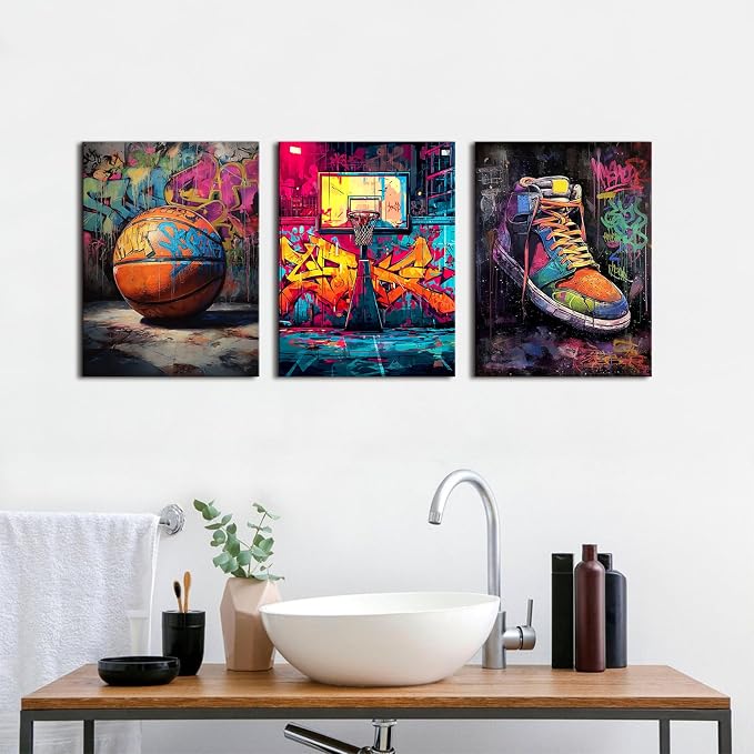 Graffiti Basketball Canvas Wall Art Vintage Basketball Court Posters for Boys Room Motivational Sports Themed Painting Prints treet Pop Art Canvas Pictures for Mens Bedroom Home Decorations 12x16" 3Pcs