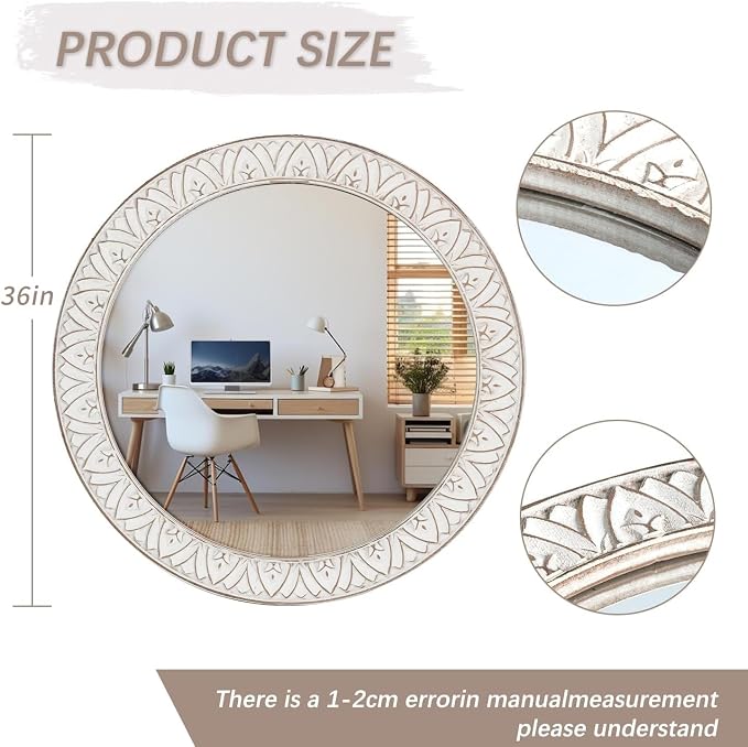 Rustic Round Wood 36 Inch Farmhouse Mirror, Wall Mount, Framed, White, Flower White, Modern & Rustic Style, Decorative Wall Mirror for Living Room, Bedroom, Entryway, Bathroom