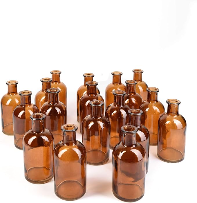 Serene Spaces Living Bud Vases, Apothecary Jars, Decorative Glass Bottles, Centerpiece for Wedding Reception, Mini Flower Vases, Small Medicine Bottles for Home Decor (Amber, Set of 48)