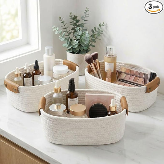 Beautiful Storage Basket Set of 3 - Sturdy Rope Baskets for Shelves | Perfect for Organizing Your Home - Quality Storage Bins Easily Fit with Any Nursery or Bedroom Decor