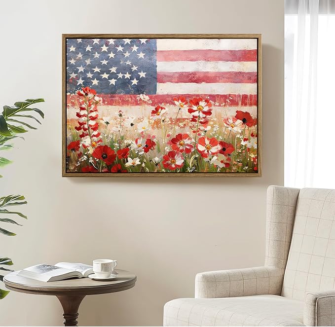 American Flag Framed Canvas Wall Art, 4th of July Patriotic Canvas Prints | Wildflower Meadow Landscape Poster Print, Vintage Rustic Independence Day Wall Decor for Bedroom Living Room 16×20in