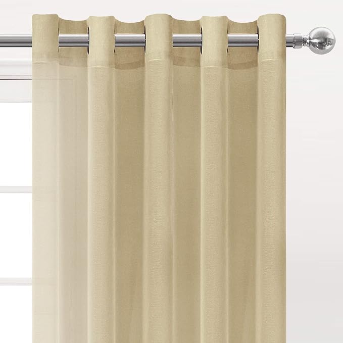 Beige Sheer Curtains 60x84 Inch Grommet Linen Look Set of 2 Panels