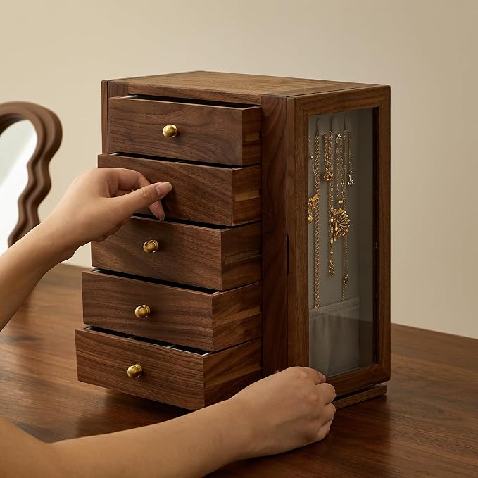 360 Rotating Design Wooden Jewelry Box for Women | Large Jewelry Organizer with Velvet Lining, 5 Drawers, Transparent Glass Doors, Black Walnut Wood Grain