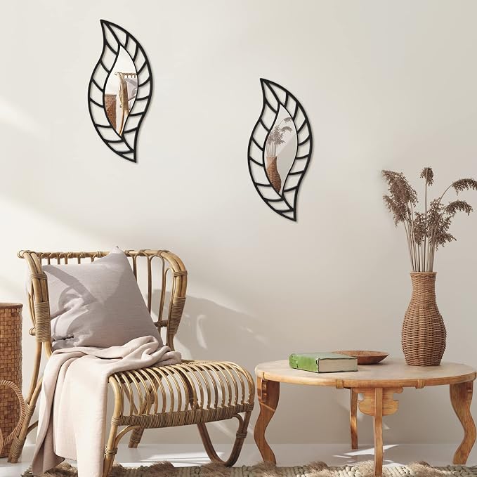 Roowest 2 Pcs Decorative Mirror Wall Decor Leaf Teardrop Mirror Wall Mounted Decorations for Living Room Bedroom Bathroom Vanity Entryway Office(Black)