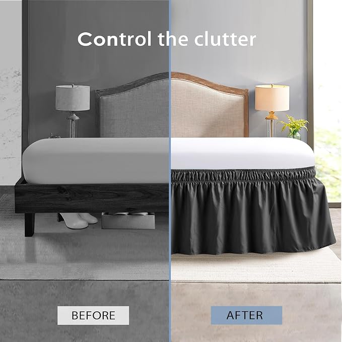 FreshCulture King Bed Skirt, Dust Ruffle for King Size Bed, Easy Fit with 22-Inch Tailored Drop, Elastic Wrap Around Bed Skirt King Size, Hotel Quality Bed Skirts for Adjustable Bed (Black)
