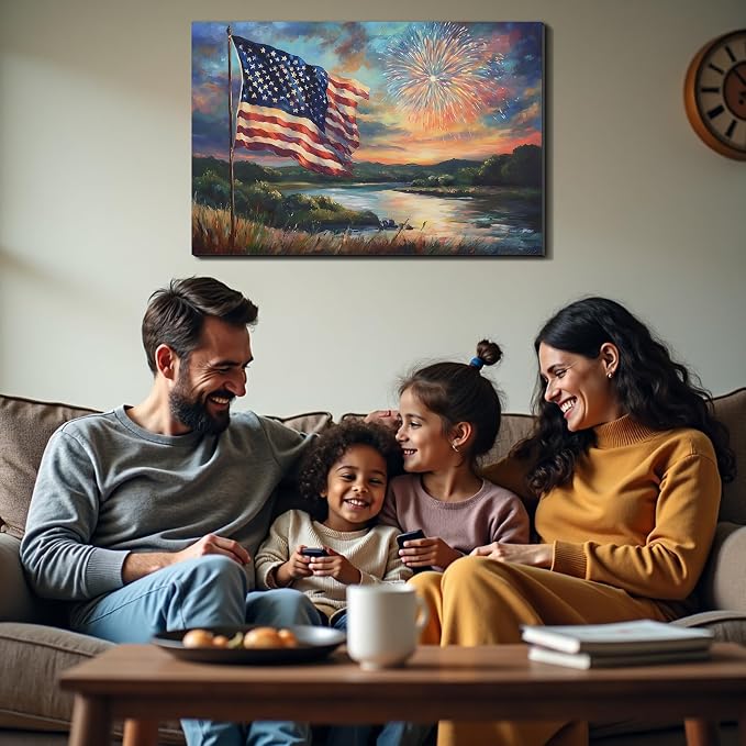Framed American Flag Sunset Fireworks Wall Art, Patriotic 4th of July Canvas Art Pictures, USA Flag Wall Decor for Living Room Man Cave Bar, Ready to Hang Made in USA