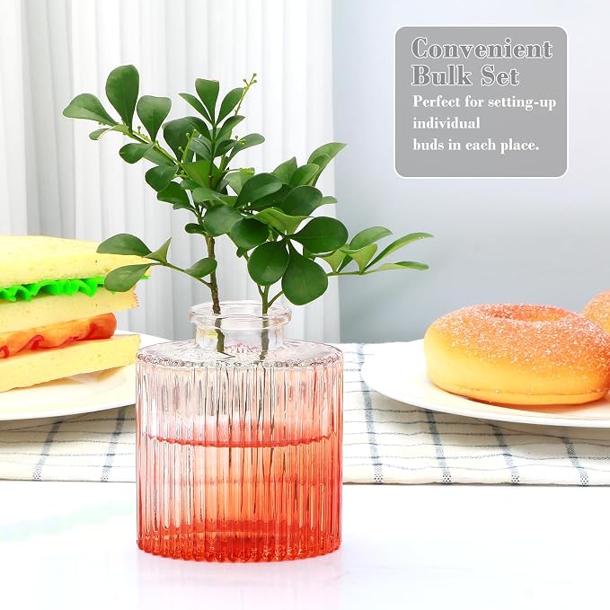Glass Bud Vases Set of 4, Small Orange Flower Vases for Wedding Centerpiece | Clear Vintage Embossed Mini Vases for Table Decorations, Flower Arrangements in Vases for Party or Home Decor