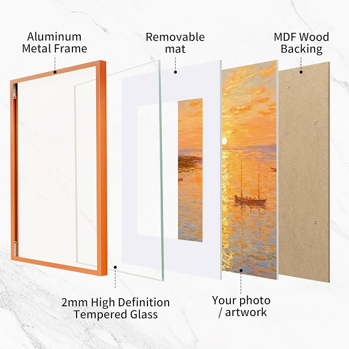 Fun Memories 16x20 Metal Picture Frame with 11x14 Mat, Brushed Aluminum Finish, Tempered Glass Front, and Attached Hanging Hardware(Orange, Pack of 1)