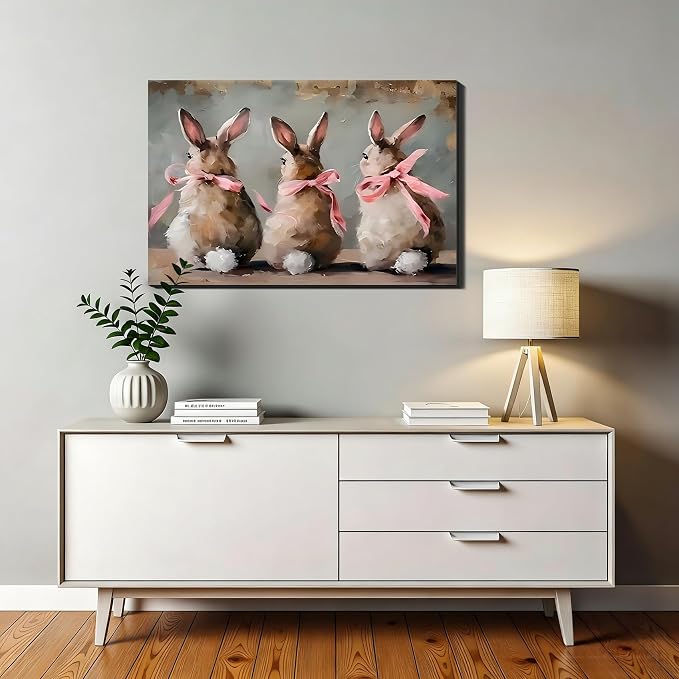 Easter Framed Rabbit Wall Art 12x18 In, Rustic Bunny Pictures for Living Room, Kids Room, Sweet Spring Rabbit Painting Canvas Prints for Easter Bedroom Wall Decor