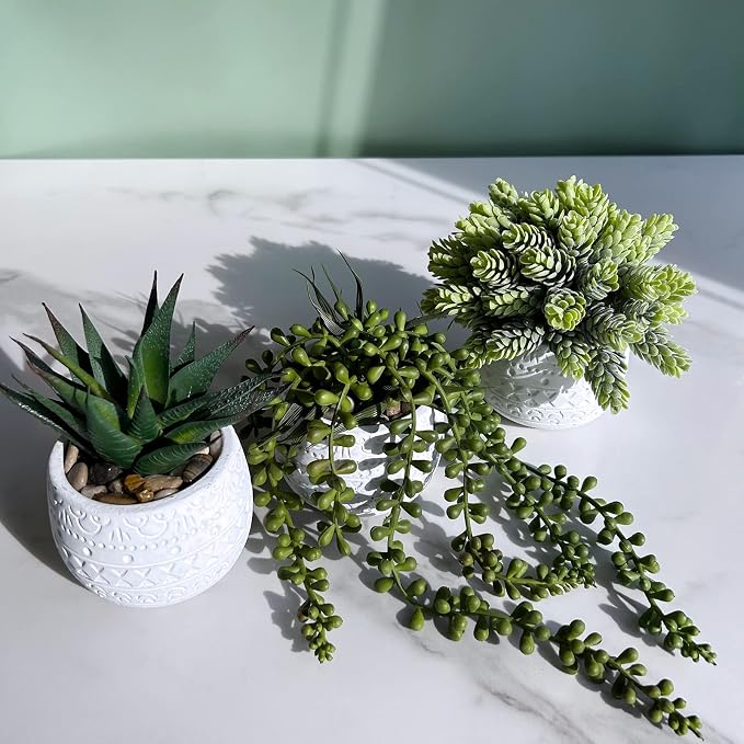 Winlyn 3 Pcs Assorted Small Potted Succulent Plants Artificial Aloe Hanging Succulent in White Geometric Concrete Ceramic Pots for Gift Party Wedding Favors Windowsill Table Shelf Indoor Outdoor Decor