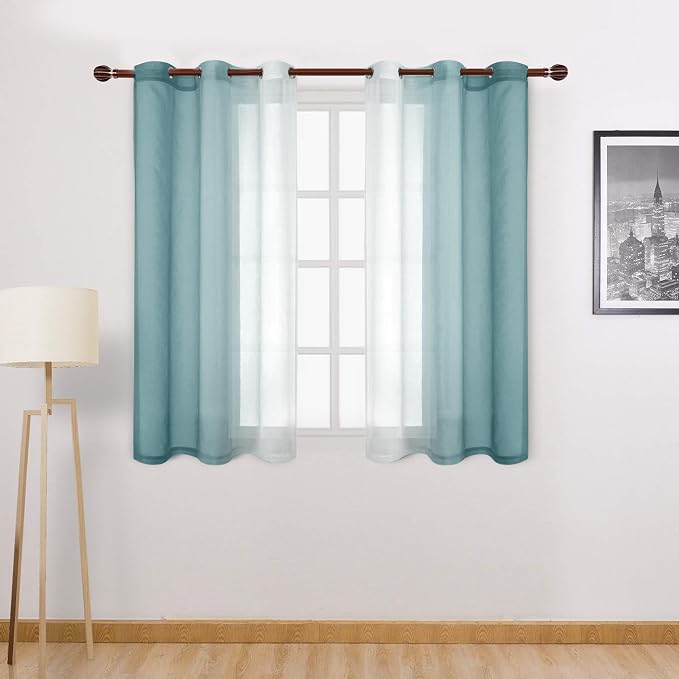 DWCN Ombre Short Sheer Curtains - Faux Linen Semi Voile Gradient Light-Filtering Bedroom and Living Room Curtains, Set of 2 Grommet Top Window Drape Panels, 42 x 45 Inch Length, Peacock Blue