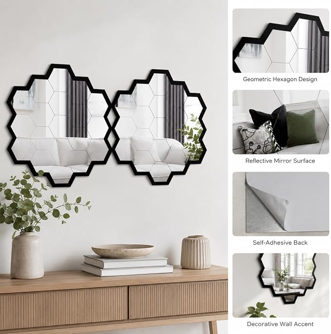 2pcs Hexagon Mirror Wall Stickers, Self Adhesive Decorative Mirror Tiles, 8.5 x 7.9 Inch Wall Mirror Decor for Bedroom Bathroom Living Room Entryway Bohemian Moroccan Style