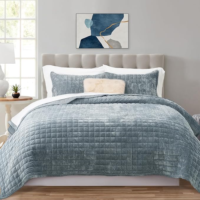 RECYCO Channel Box Stitch Velvet Quilt Set, Full Queen Size, Blue Linen | Ultra Soft Lightweight Velvet Comforter, Luxury Oversized Bedspread Coverlet, Quilted Bedding Set for All Season with 2 Shams
