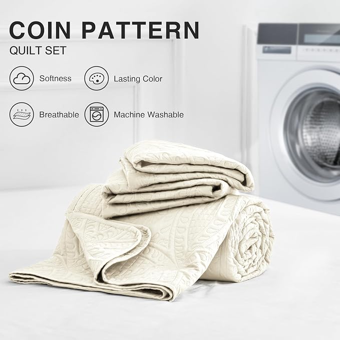 Love's cabin Oversized King Size Quilt Bedding Set Beige Bedspreads - Oversized King Lightweight Bedspread Comforter - Coin Pattern Coverlet for All Season - 3 Pieces (1 Quilt, 2 Pillow Shams)