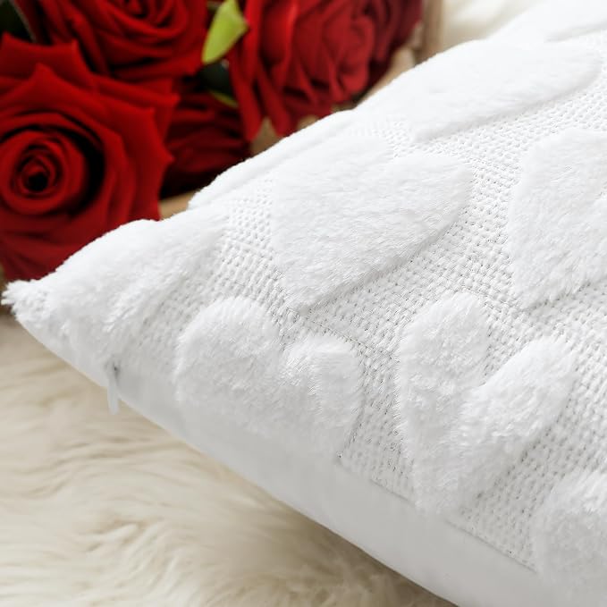 Artscope Valentines Pillow Covers 18x18 Set of 2 Decorative Love Heart Valentines Day Throw Pillow Cases Soft Plush Faux Fur Couch Cushion Case for Holiday Sofa Bed Room Home Decor-White Heart