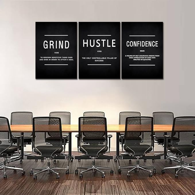 KAWAHONE Motivational Success Canvas Wall Art, Grind Hustle Confidence Wall Decor Framed Inspirational Entrepreneurs Painting Prints Quotes Poster for Office Workplace Ready to Hang