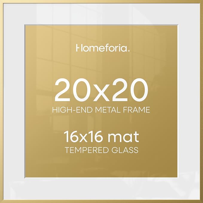 Homeforia 20x20 Gold Picture Frame, High-End Metal, 16x16 Mat, Glass