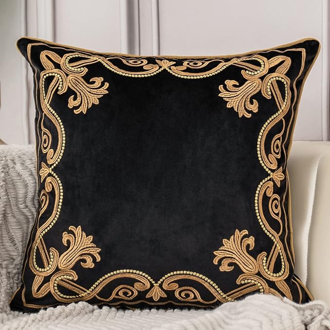 Aeckself European Floral Pillow Cover 16x16 Inch, Luxury Velvet Embroidered Decorative Throw Pillow Cover for Couch Bedroom Living Room, Black and Gold