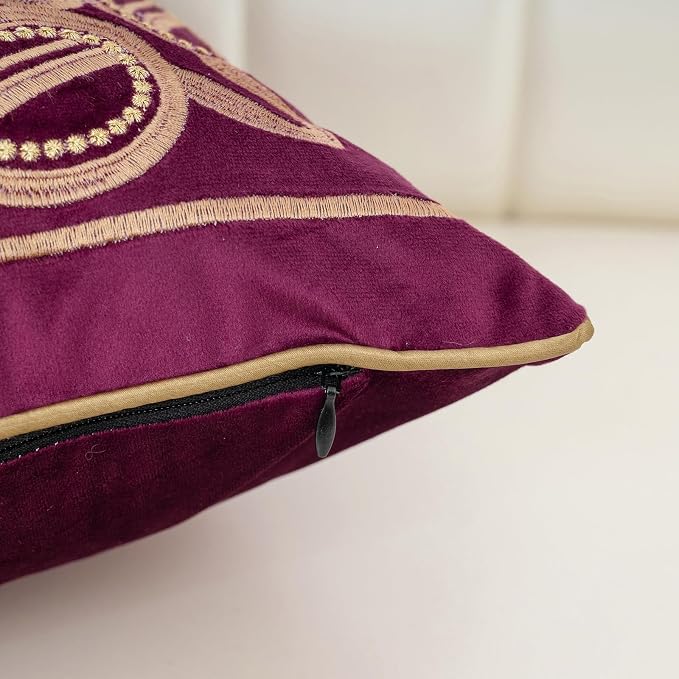 Aeckself Floral Pillow Cover 18x18 Inch, Luxury Velvet Embroidered Decorative Accent Throw Pillow Cover for Couch Bedroom Living Room, Burgundy Red and Gold
