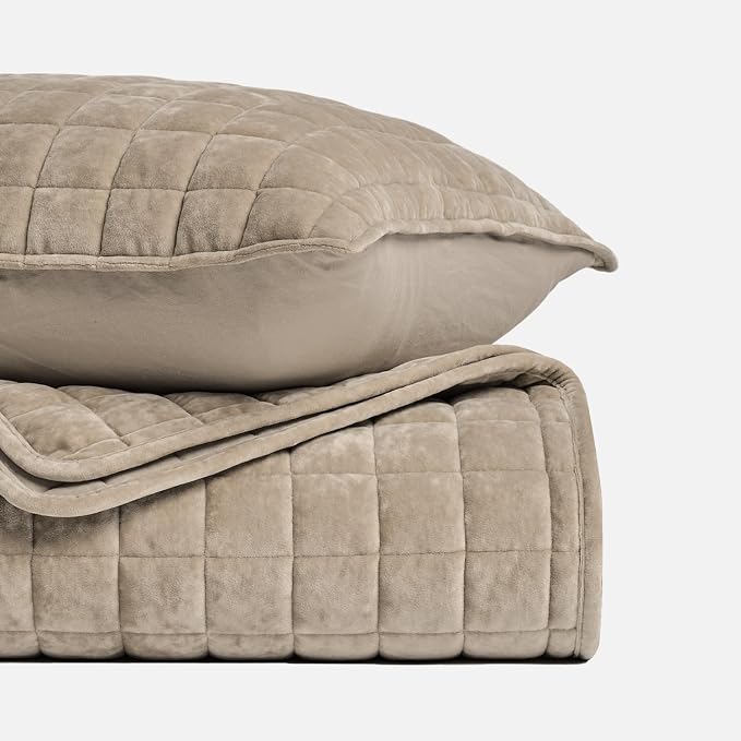 RECYCO Channel Box Stitch Velvet Quilt Set, King Size, Urban Taupe | Ultra Soft Lightweight Velvet Comforter, Luxury Oversized Bedspread Coverlet, Quilted Bedding Set for All Season with 2 Shams