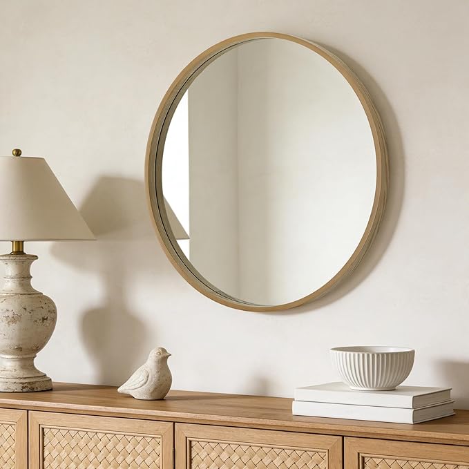 Round Mirror with Wood Frame, 28" Circle Modern Decoration Large Home Decor Mirror for Bathroom Living Room Bedroom Entryway (28" Diameter, Natural Wood)