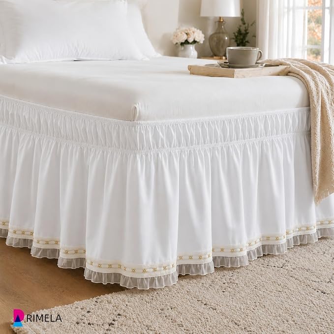 Lace Trim Bed Skirt Queen 15" Drop, Elastic Wrap Around Bedskirt | Solid Ruffled, Easy to Use, No Mattress Lifting, Wrinkle & Fade Resistant, with Adhesive Strips, Machine Wash/Dry/Iron