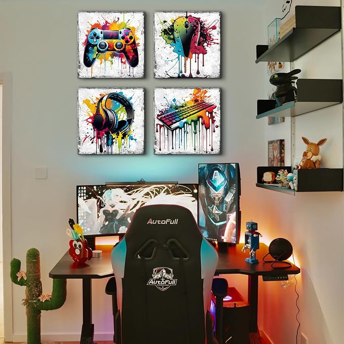 YOOOAHU Game Wall Decor Gaming Art Graffiti Gamepad Headphones Canvas Pictures Gamer Room for Boys Street Pop Bedroom Dorm Playroom Cave Teen Men Cool Video Painting Modern Artwork 12x12'' 4 Pcs