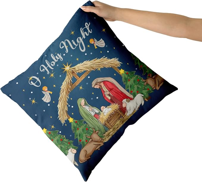 Giwawa Christmas Pillow Covers Pack of 2 20x20 Inch O Holy Night Jesus Nativity Decorative Throw Pillow Cases Xmas Blue Winter Holiday Cotton Soft Cushion Covers for Sofa Couch Patio Season