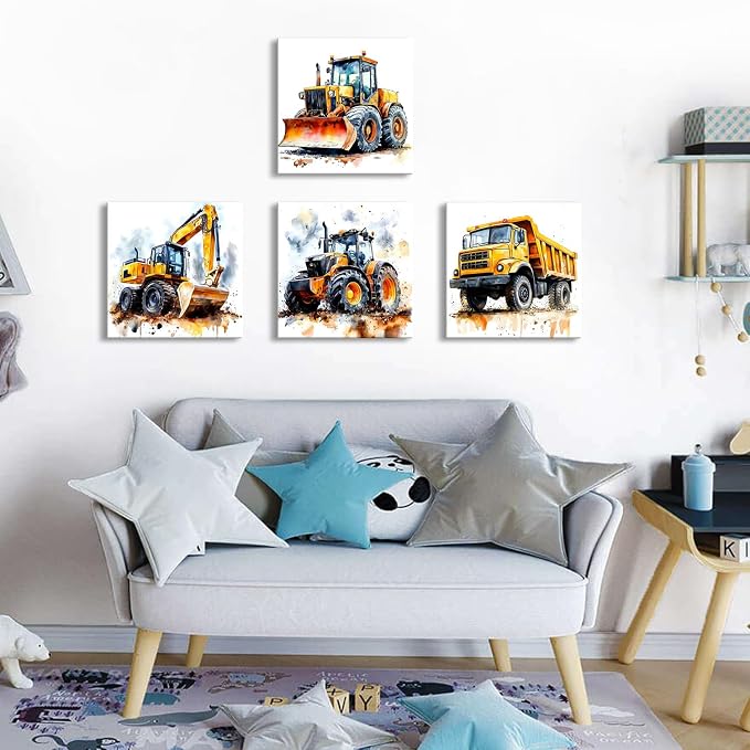 Cartoon Vehicles Canvas Wall Art Construction Room Decor for Boys Heavy Equipment Excavator Truck Tractor Pictures Kids Playroom Transport Car Poster Modern Artwork Nursery Bedroom Decoration 12x12”4P