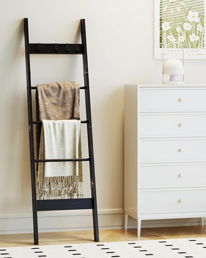Hzuaneri Blanket Ladder Decorative Quilt Rack with 4 Removable Hooks | 5-Tier Farmhouse Ladder Holder Shelf Organizer for Living Room Bedroom, Black BR02104B